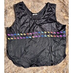 VTG 80s Bees & Jam Black Sleeveless Rainbow Stripe Womens L Sheer Tank Top Retro
